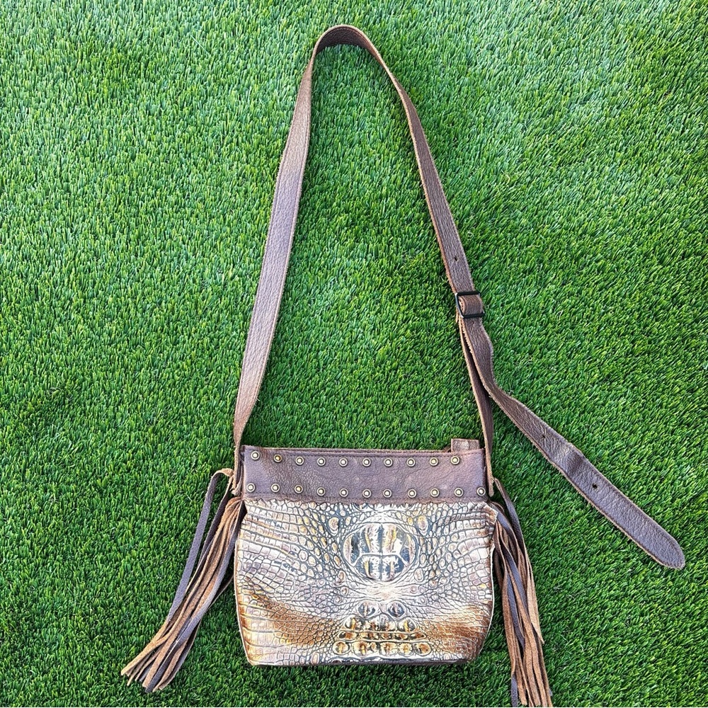 Leather Croc Embossed Crossbody Shoulder Bag Fringe Studded Brown South Dakota